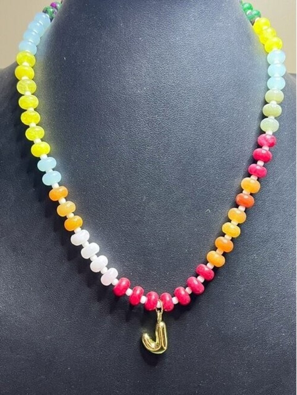 B7571 S.Steel Beaded Necklace Adjustable Length Initial J Pendant 16-18"